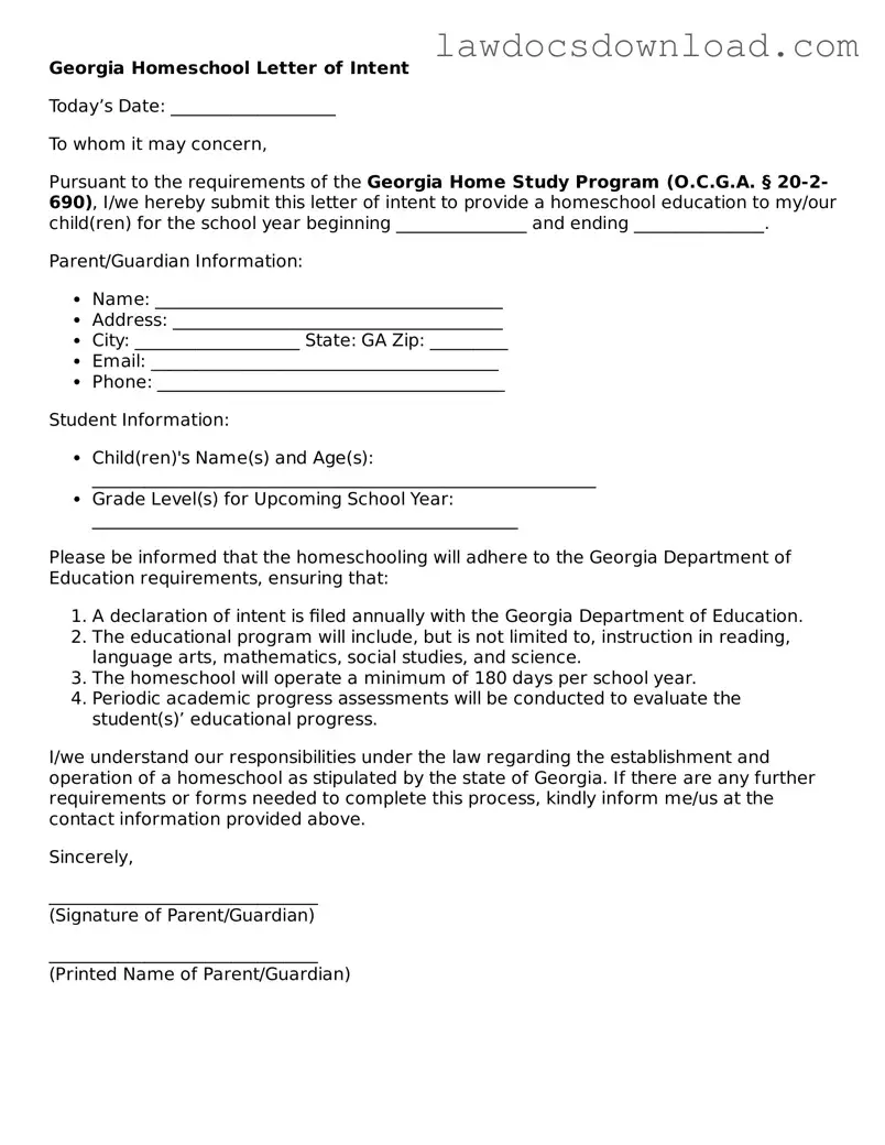 Legal Georgia Homeschool Letter of Intent Form