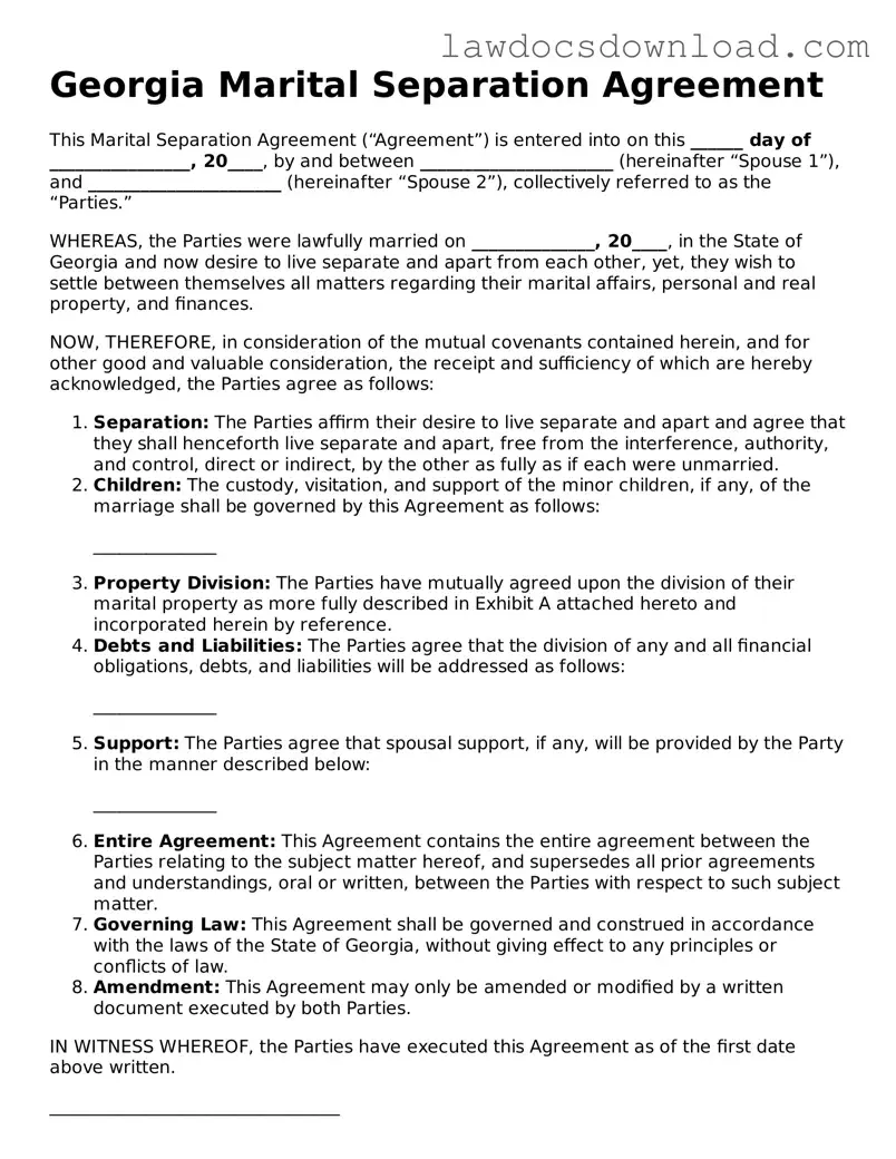 Legal Georgia Marital Separation Agreement Form