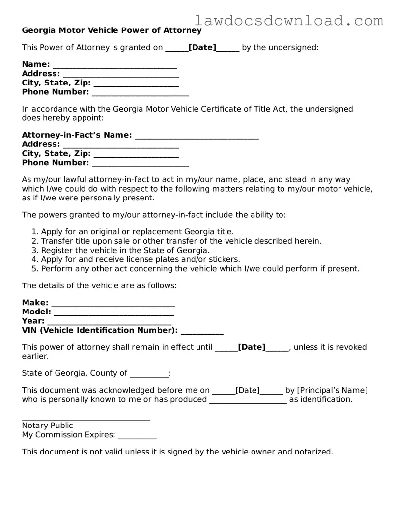 Legal Georgia Motor Vehicle Power of Attorney Form