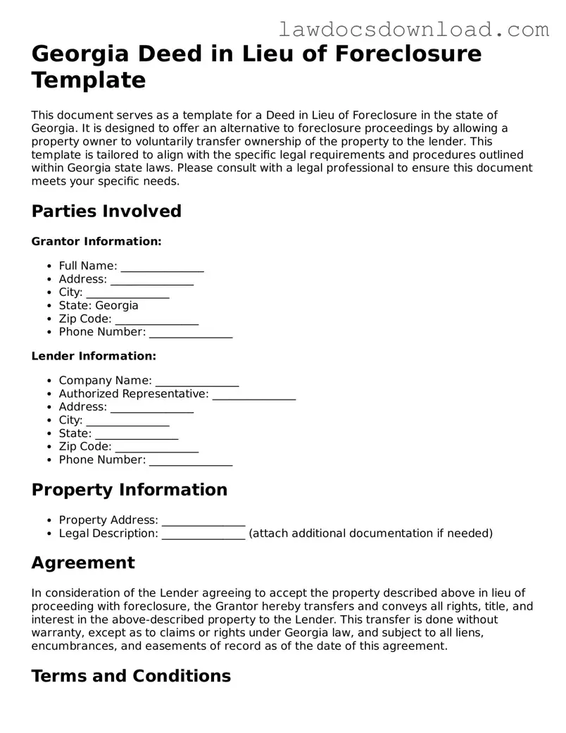 Legal Georgia Deed in Lieu of Foreclosure Form
