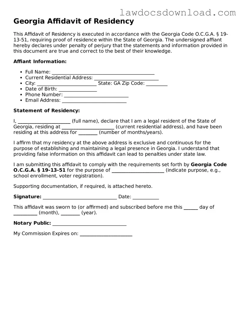 Legal Georgia Affidavit of Residency Form