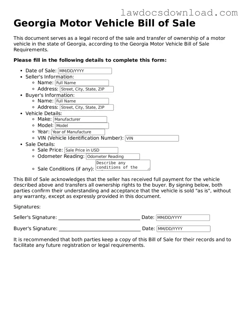 Legal Georgia Motor Vehicle Bill of Sale Form