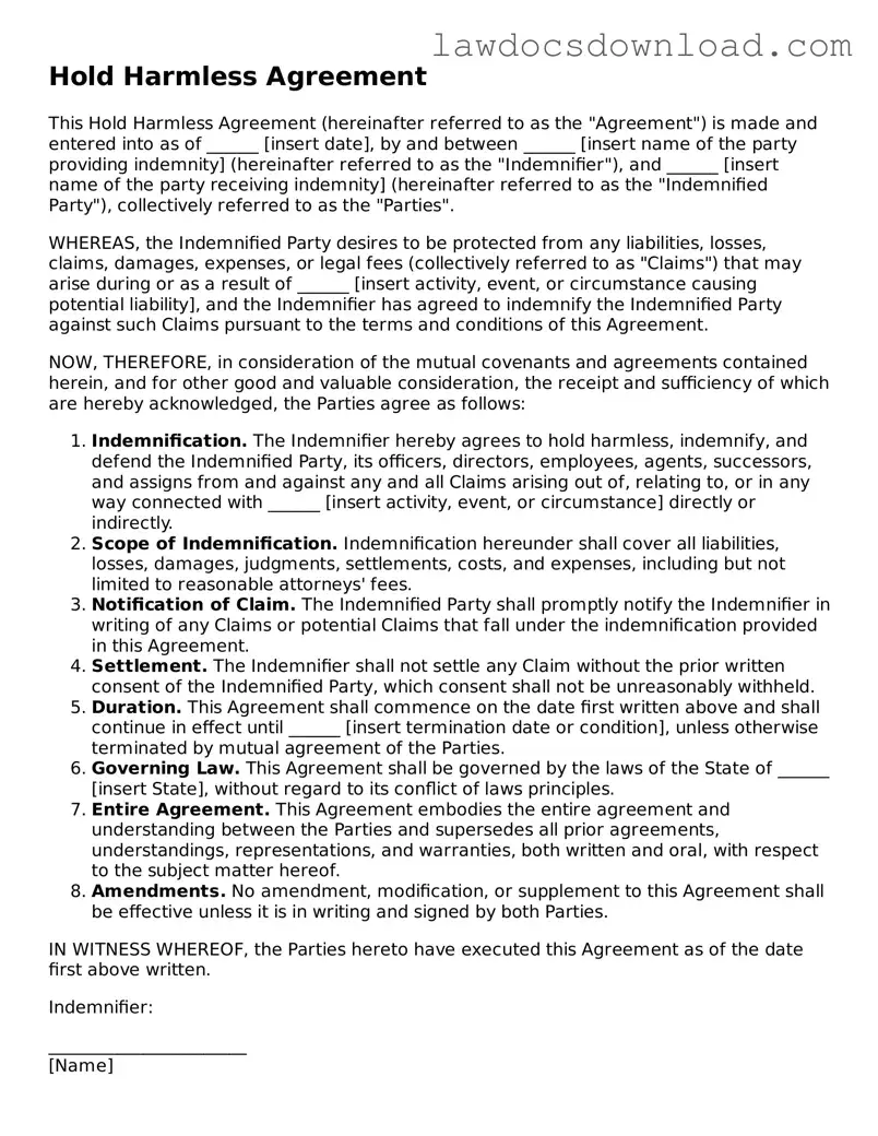 Blank Hold Harmless Agreement Template