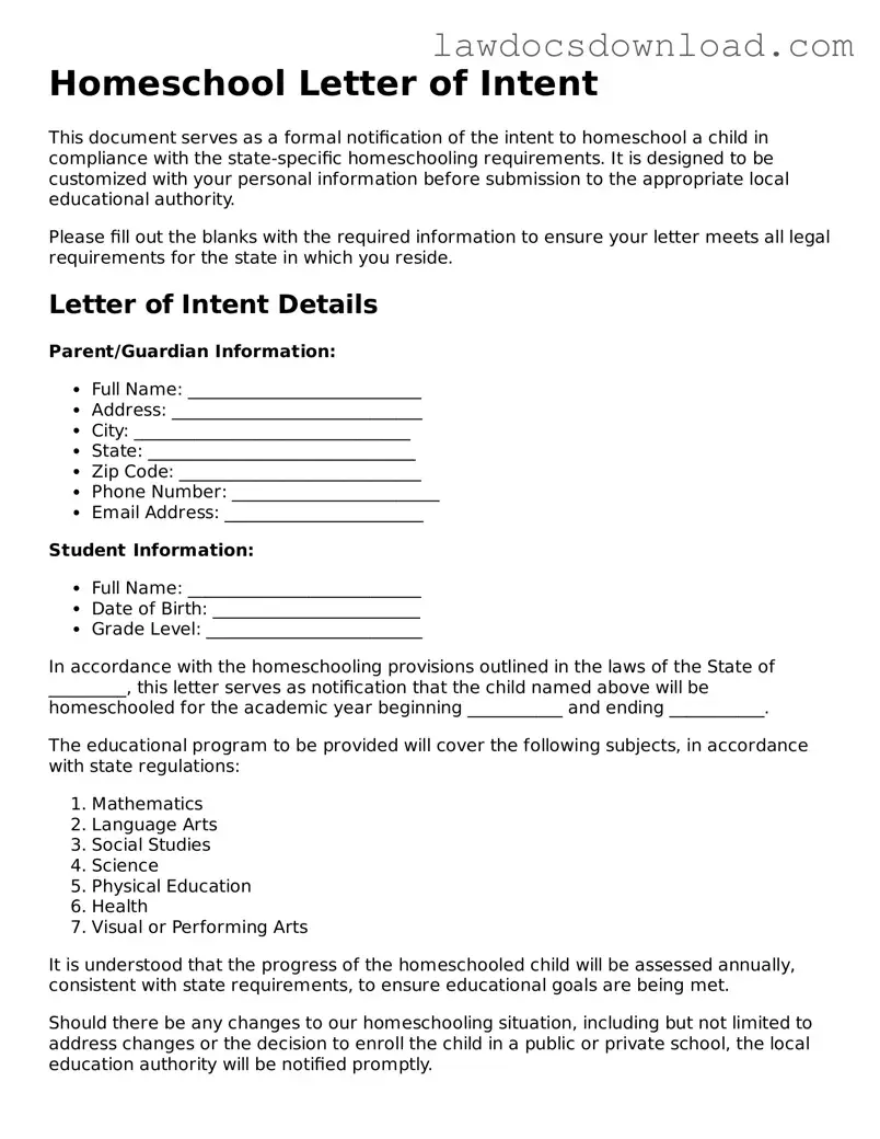 Blank Homeschool Letter of Intent Template