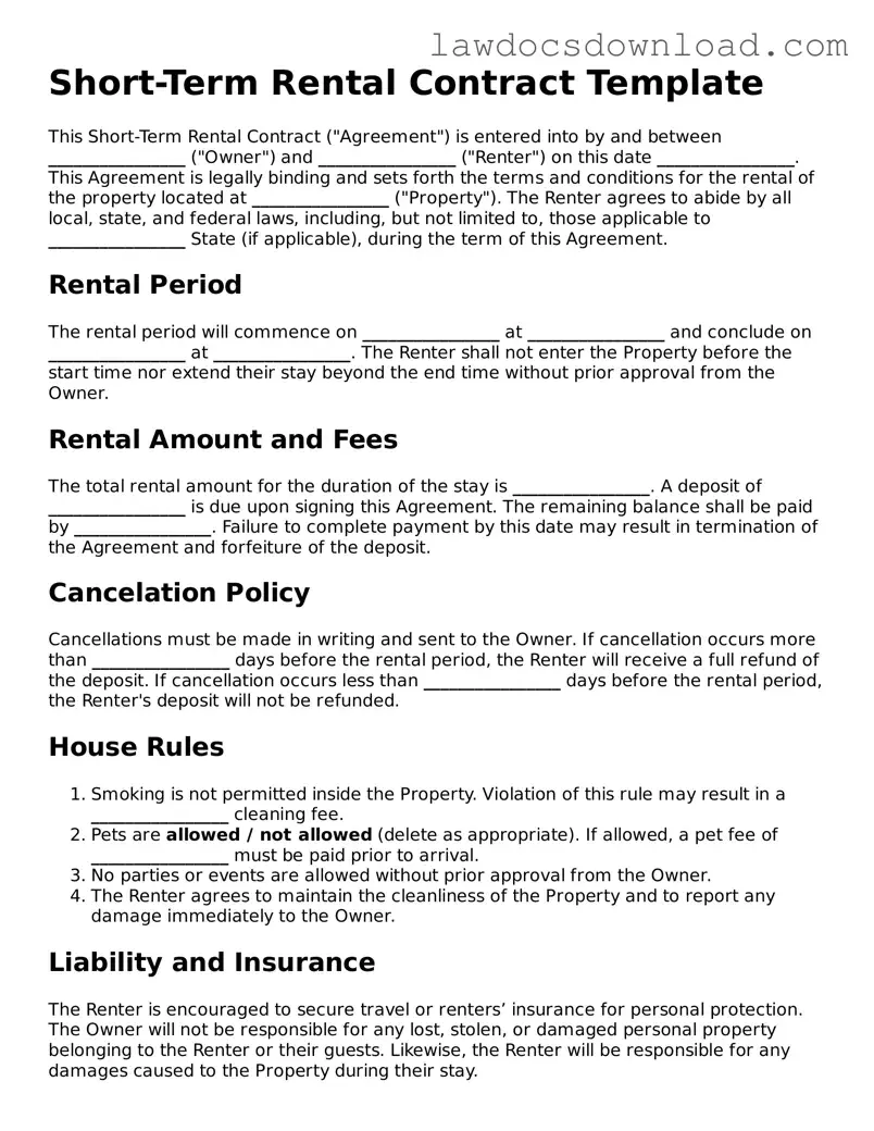 Blank Short-Term Rental Contract Template