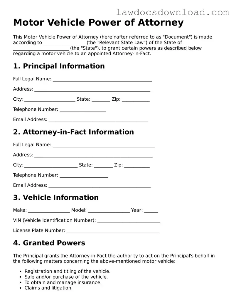 Blank Motor Vehicle Power of Attorney Template