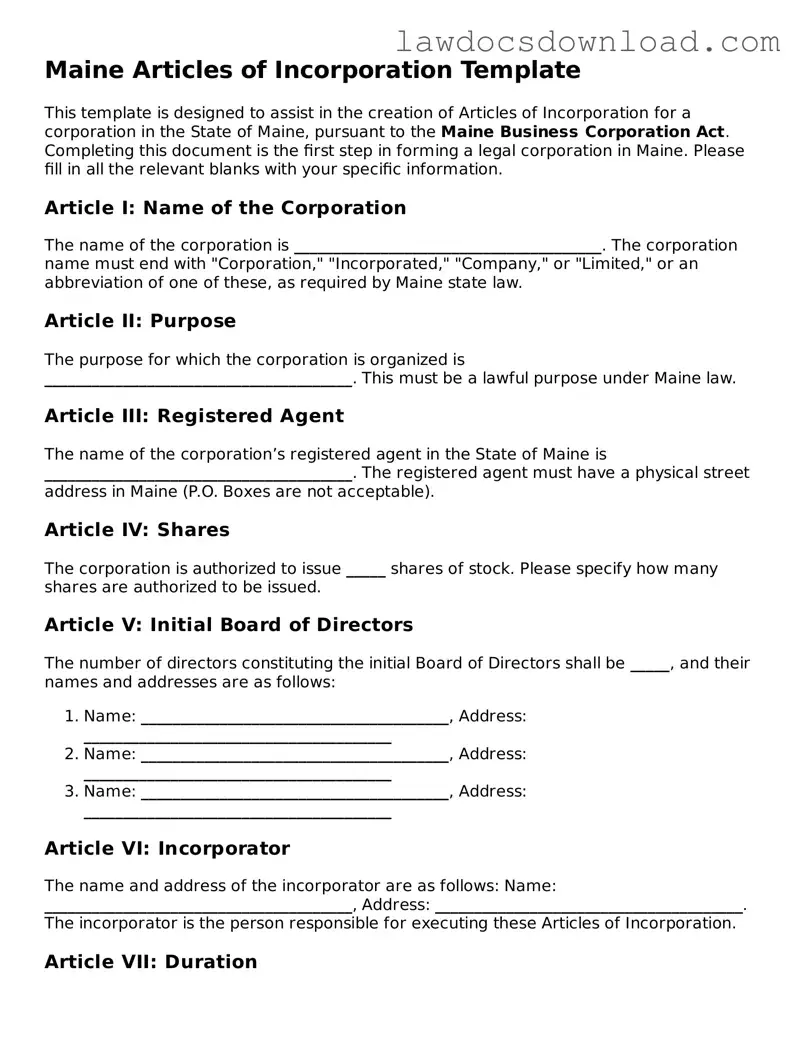 Legal Maine Articles of Incorporation Form