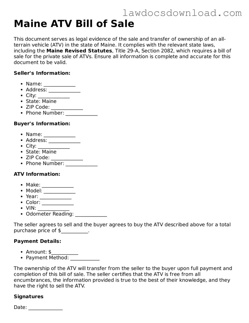 Legal Maine ATV Bill of Sale Form