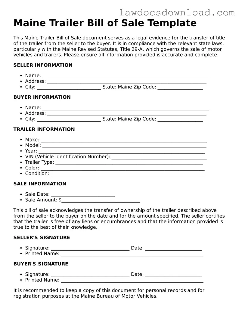 Legal Maine Trailer Bill of Sale Form
