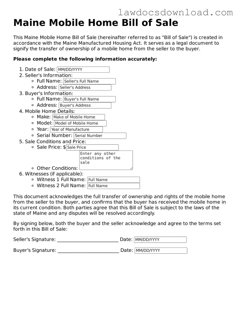 Legal Maine Mobile Home Bill of Sale Form