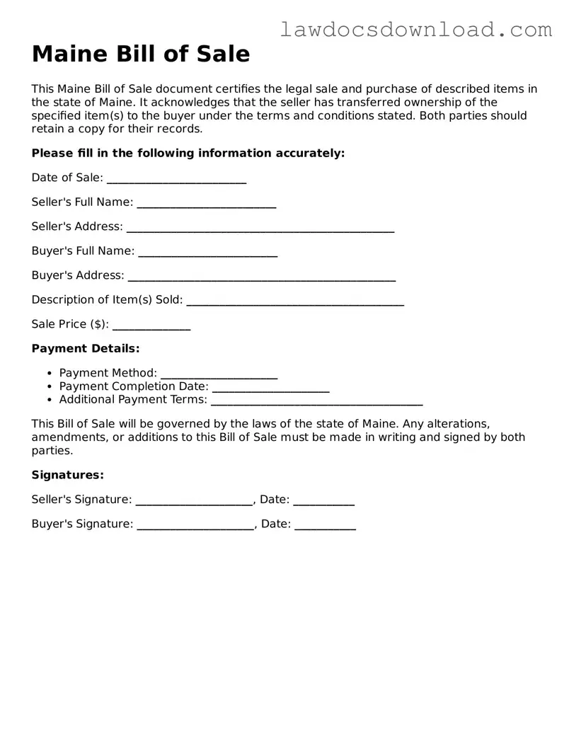 Legal Maine Bill of Sale Form