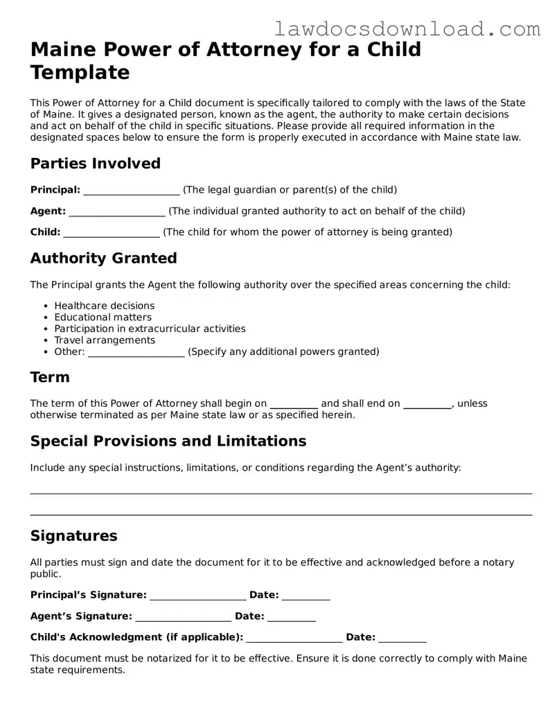 Legal Maine Power of Attorney for a Child Form
