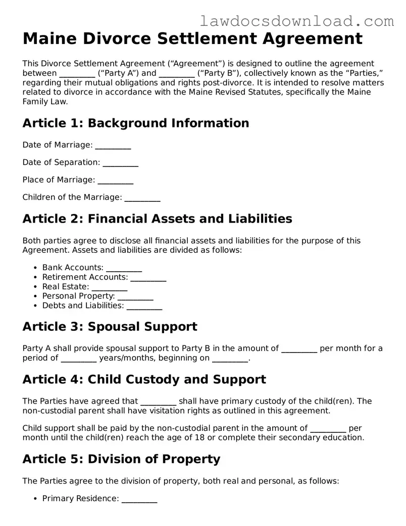 Legal Maine Divorce Settlement Agreement Form