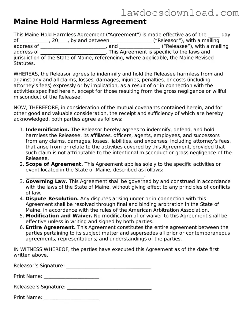Legal Maine Hold Harmless Agreement Form