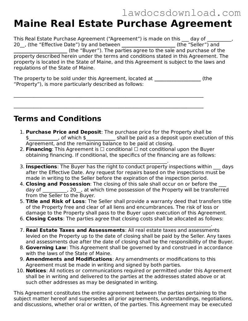 Legal Maine Real Estate Purchase Agreement Form