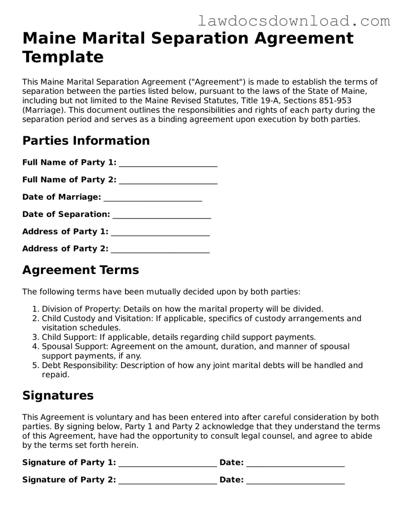 Legal Maine Marital Separation Agreement Form
