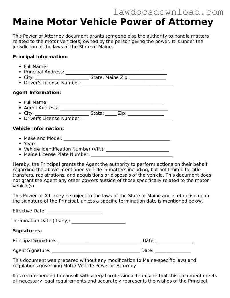 Legal Maine Motor Vehicle Power of Attorney Form