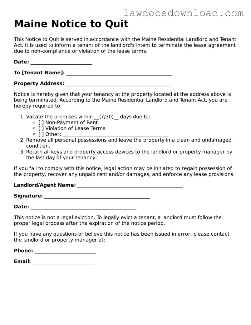 Legal Maine Notice to Quit Form
