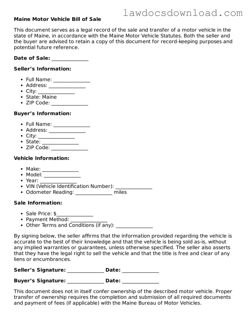 Legal Maine Motor Vehicle Bill of Sale Form