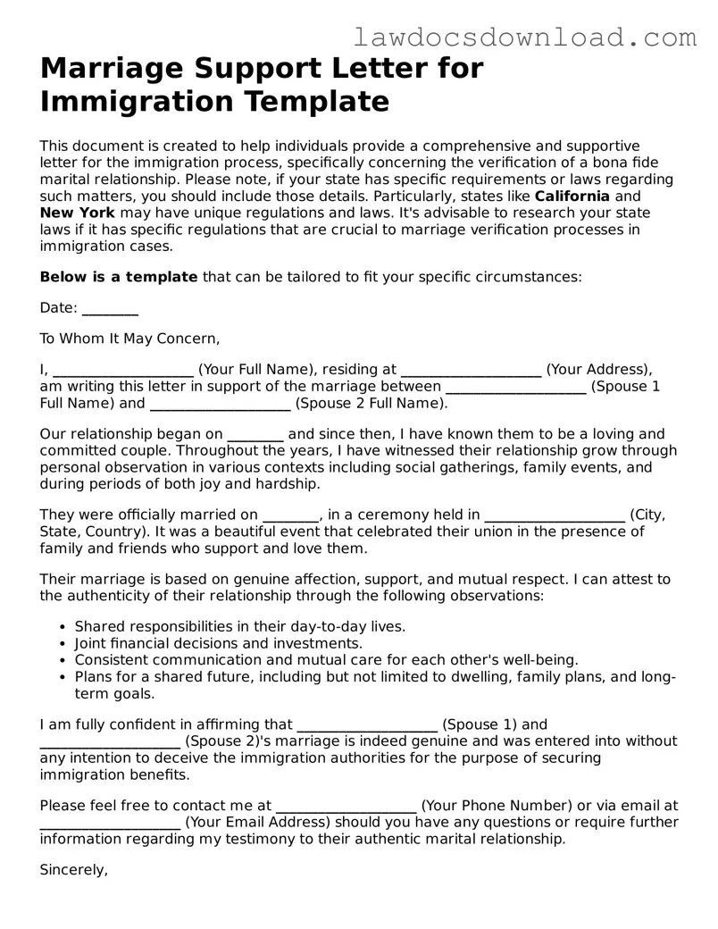 Blank Marriage Support Letter for Immigration Template