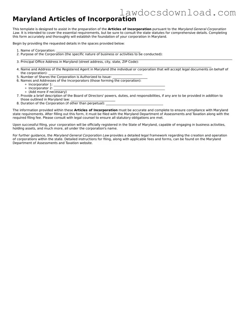 Legal Maryland Articles of Incorporation Form