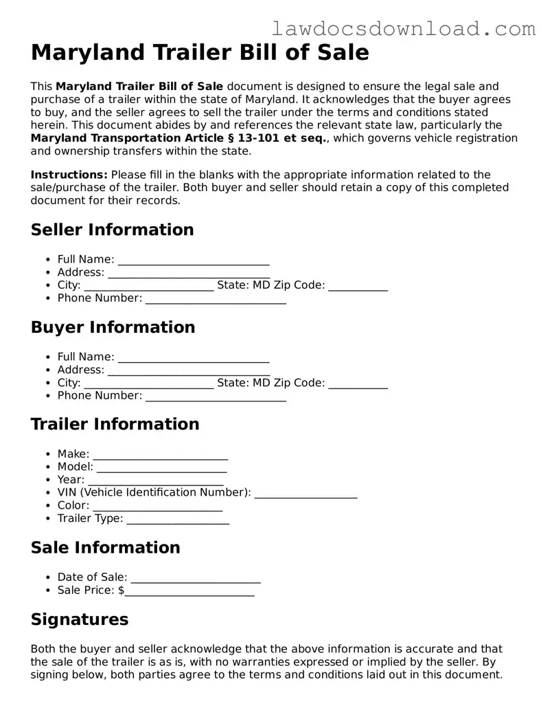 Legal Maryland Trailer Bill of Sale Form