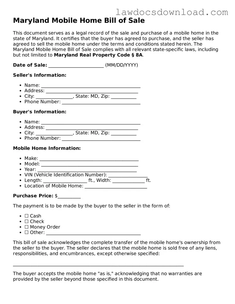 Legal Maryland Mobile Home Bill of Sale Form