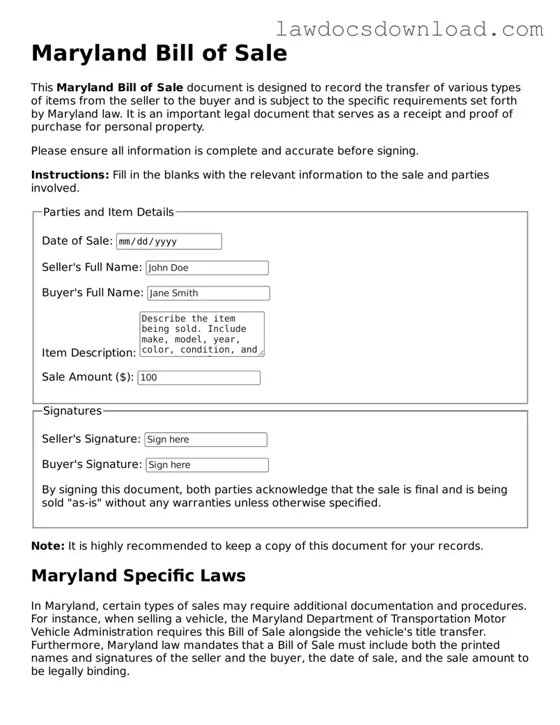 Legal Maryland Bill of Sale Form