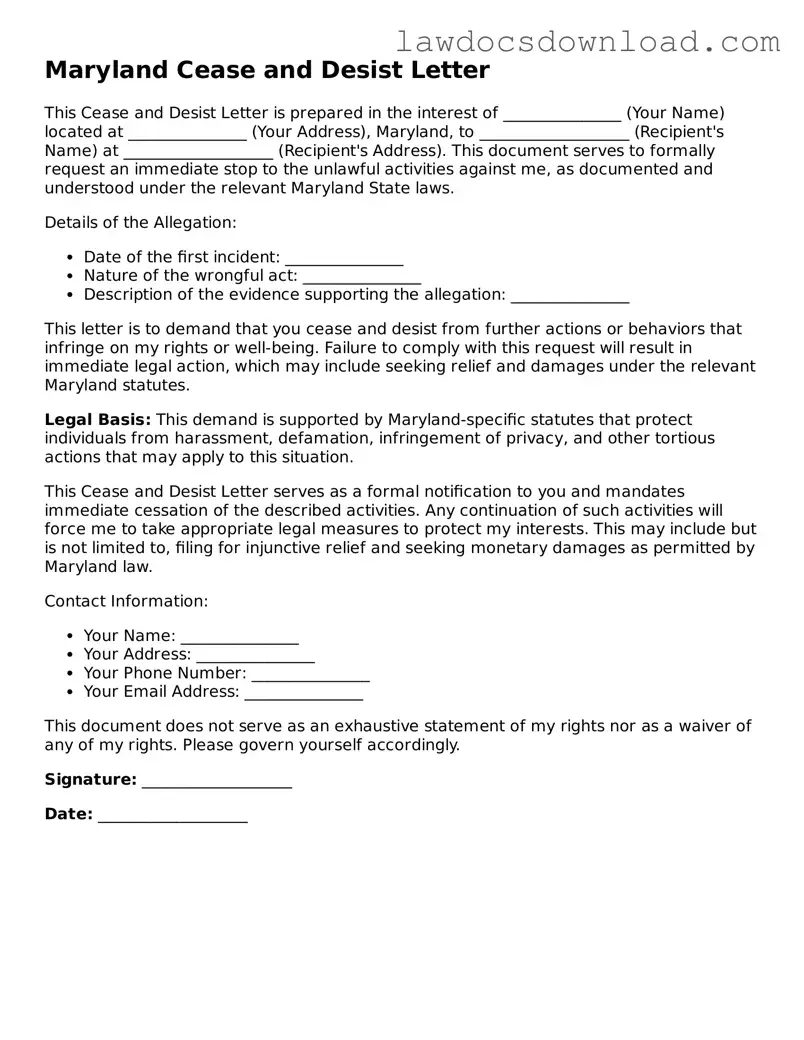 Legal Maryland Cease and Desist Letter Form