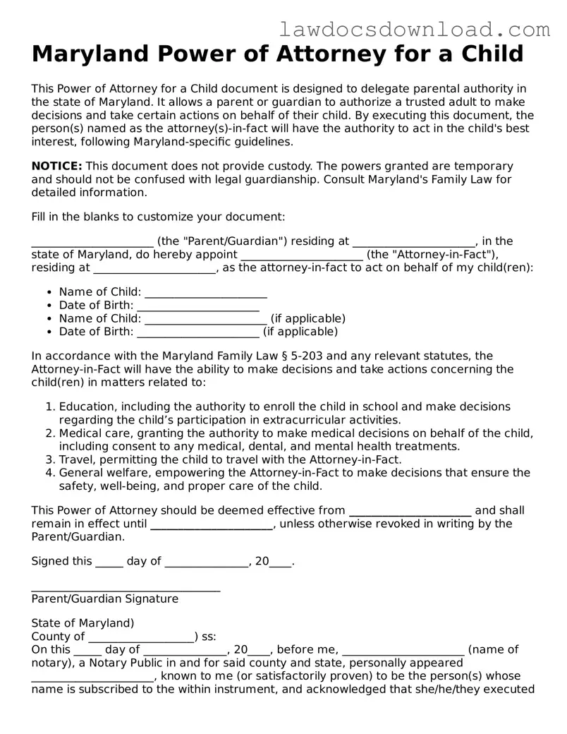 Legal Maryland Power of Attorney for a Child Form