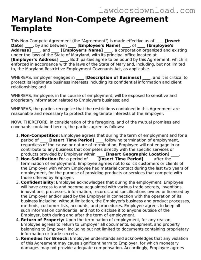 Legal Maryland Non-compete Agreement Form