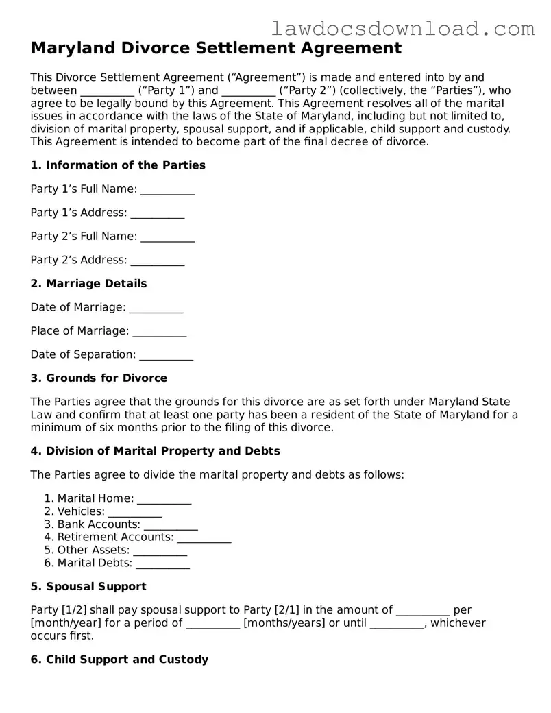 Legal Maryland Divorce Settlement Agreement Form
