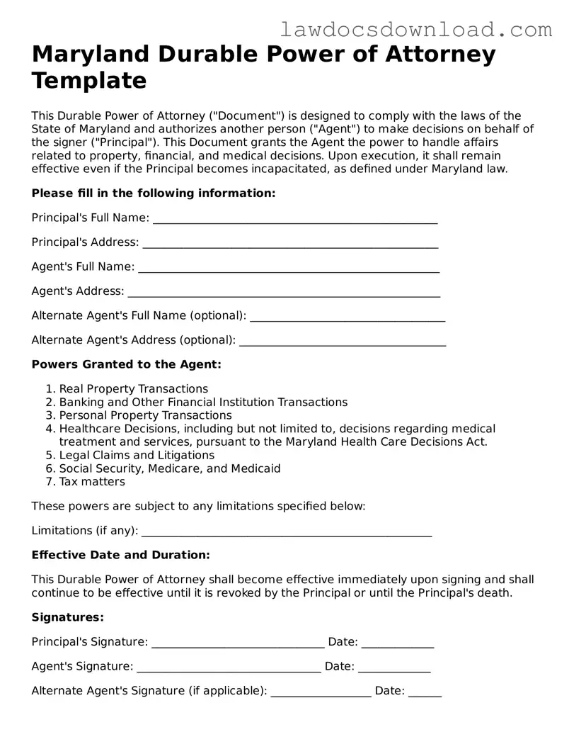 Legal Maryland Durable Power of Attorney Form