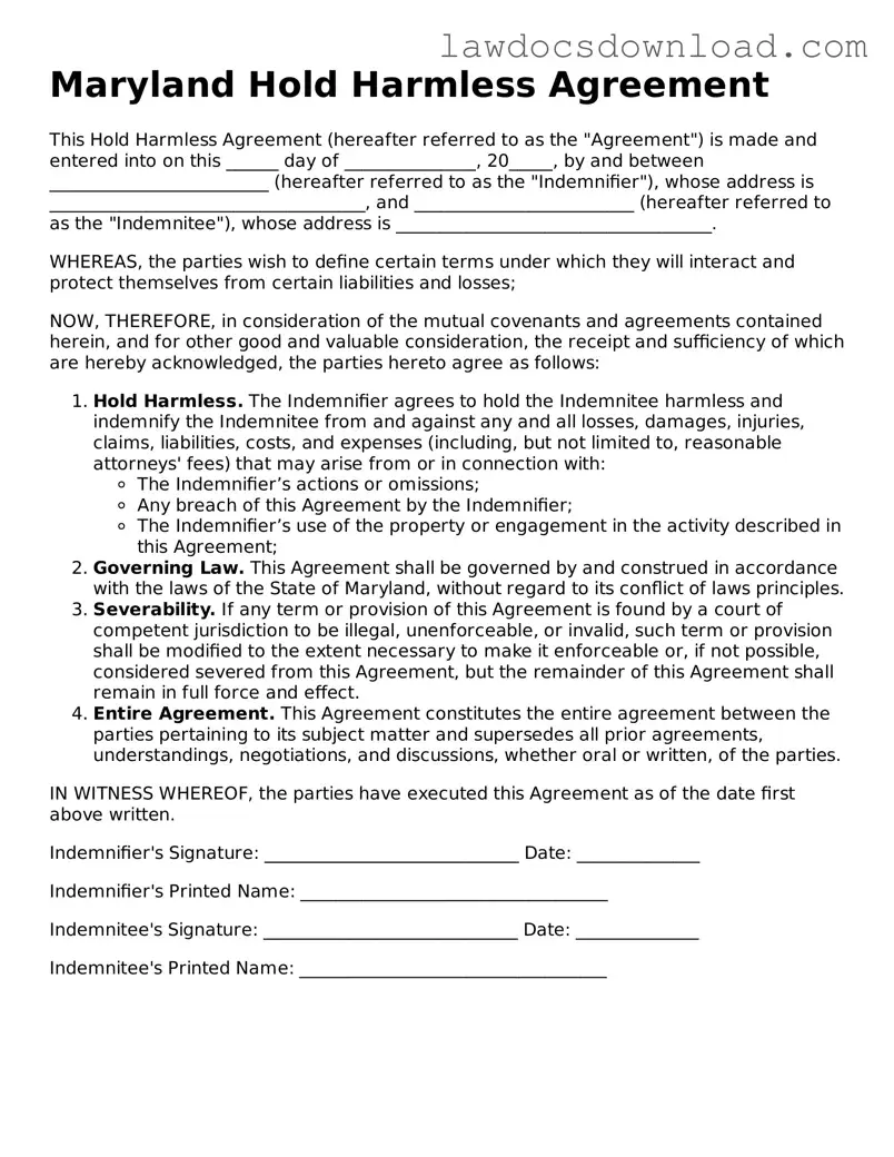 Legal Maryland Hold Harmless Agreement Form