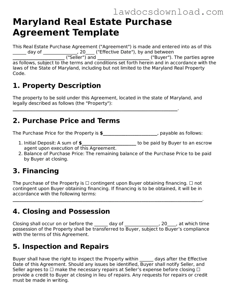 Legal Maryland Real Estate Purchase Agreement Form