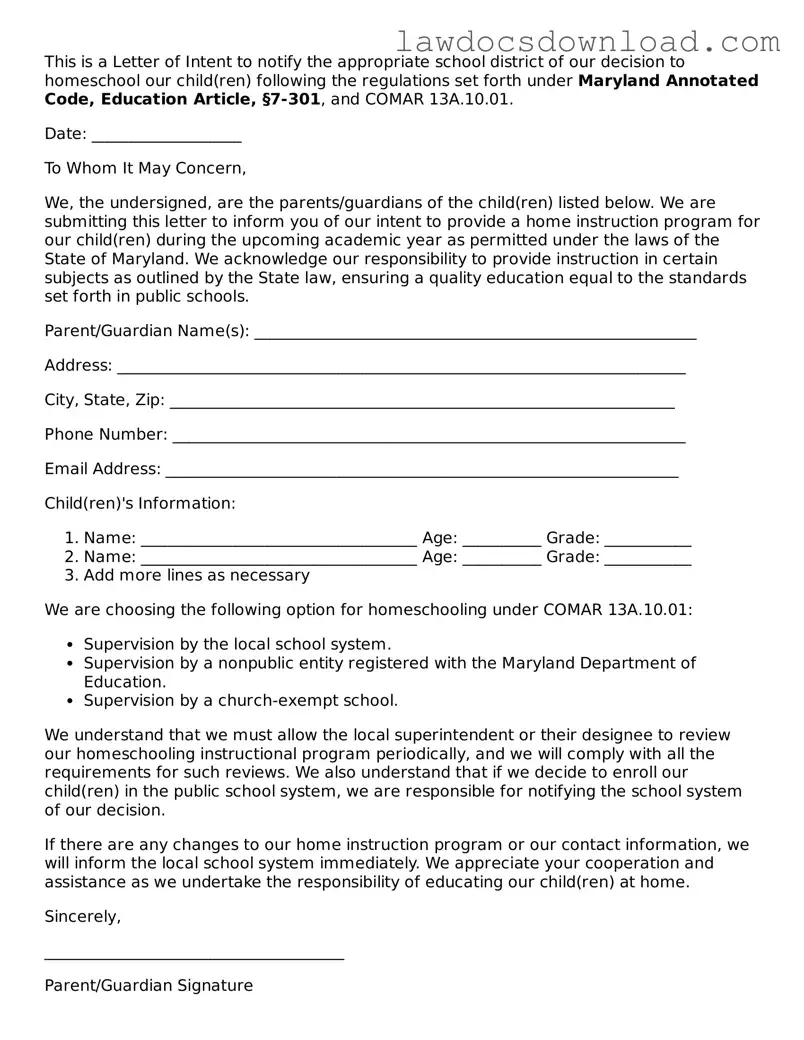 Legal Maryland Homeschool Letter of Intent Form
