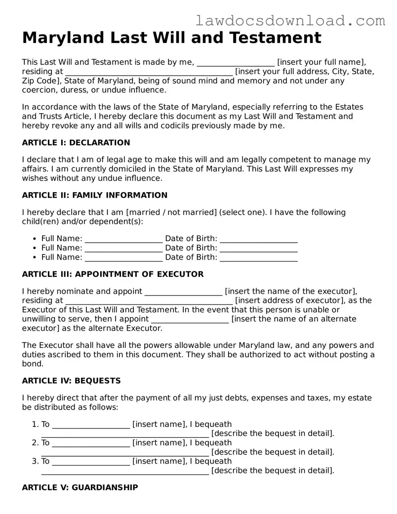 Legal Maryland Last Will and Testament Form