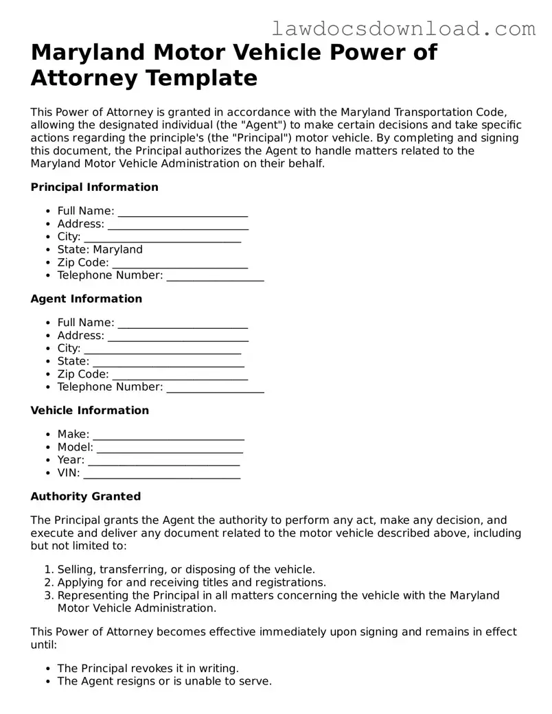 Legal Maryland Motor Vehicle Power of Attorney Form