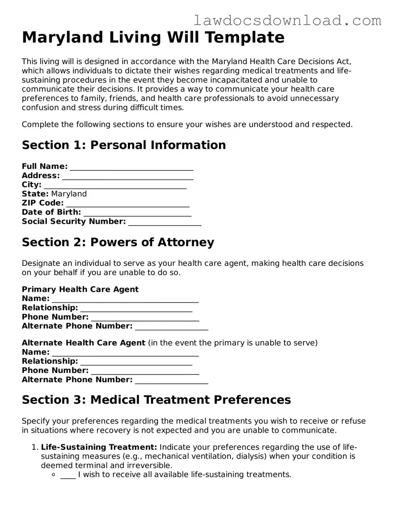 Legal Maryland Living Will Form