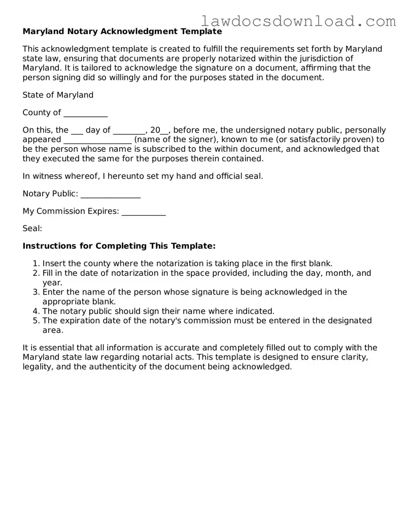 Legal Maryland Notary Acknowledgement Form
