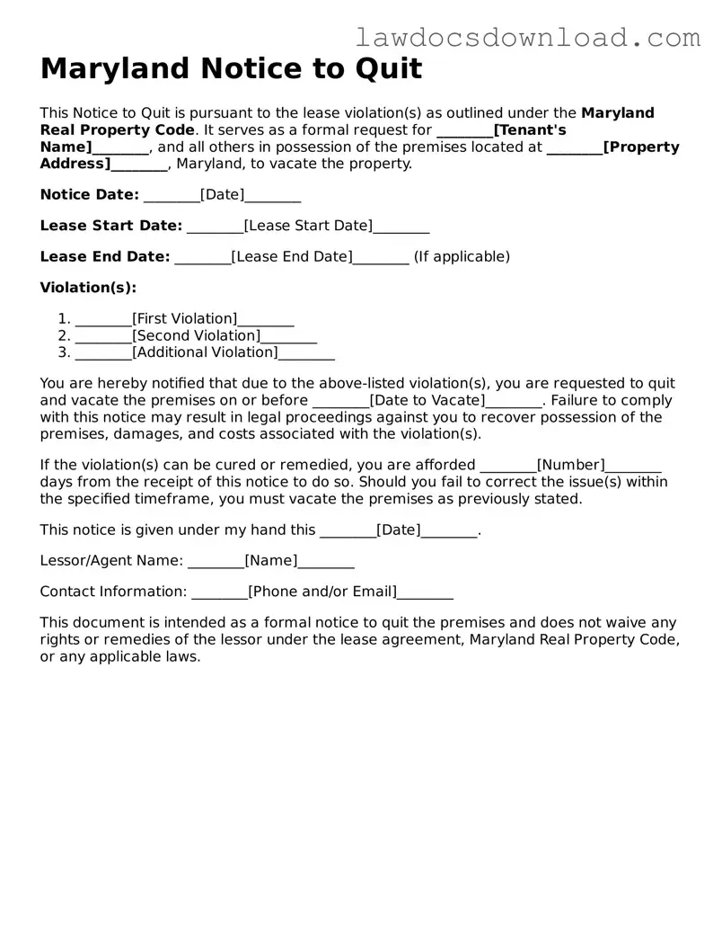 Legal Maryland Notice to Quit Form