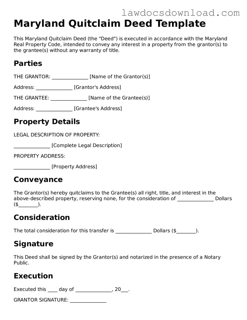 Legal Maryland Quitclaim Deed Form