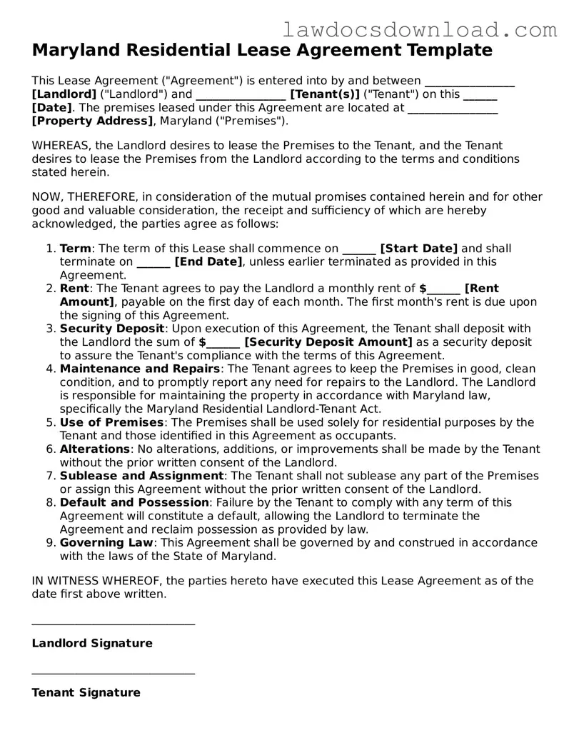 Legal Maryland Residential Lease Agreement Form