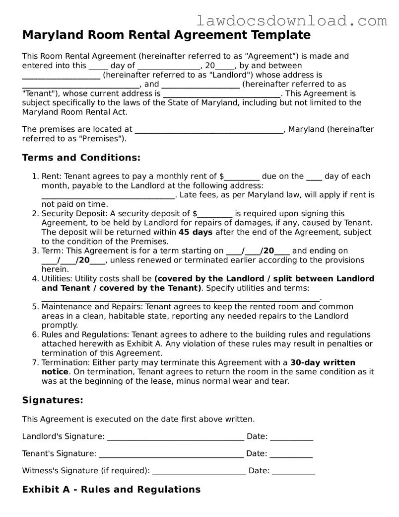 Legal Maryland Room Rental Agreement Form