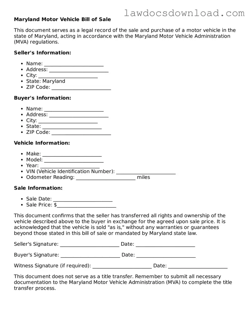 Legal Maryland Motor Vehicle Bill of Sale Form