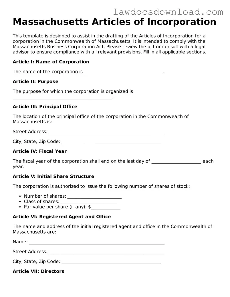 Legal Massachusetts Articles of Incorporation Form