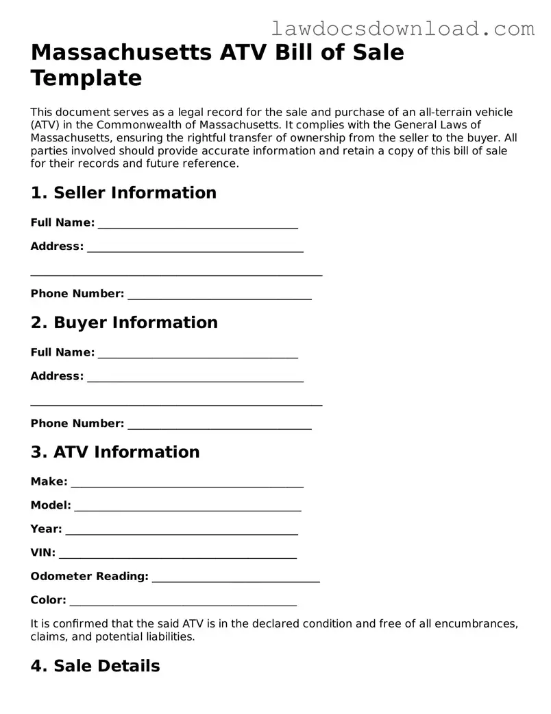 Legal Massachusetts ATV Bill of Sale Form