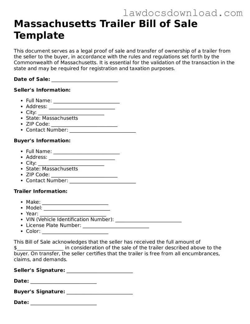 Legal Massachusetts Trailer Bill of Sale Form