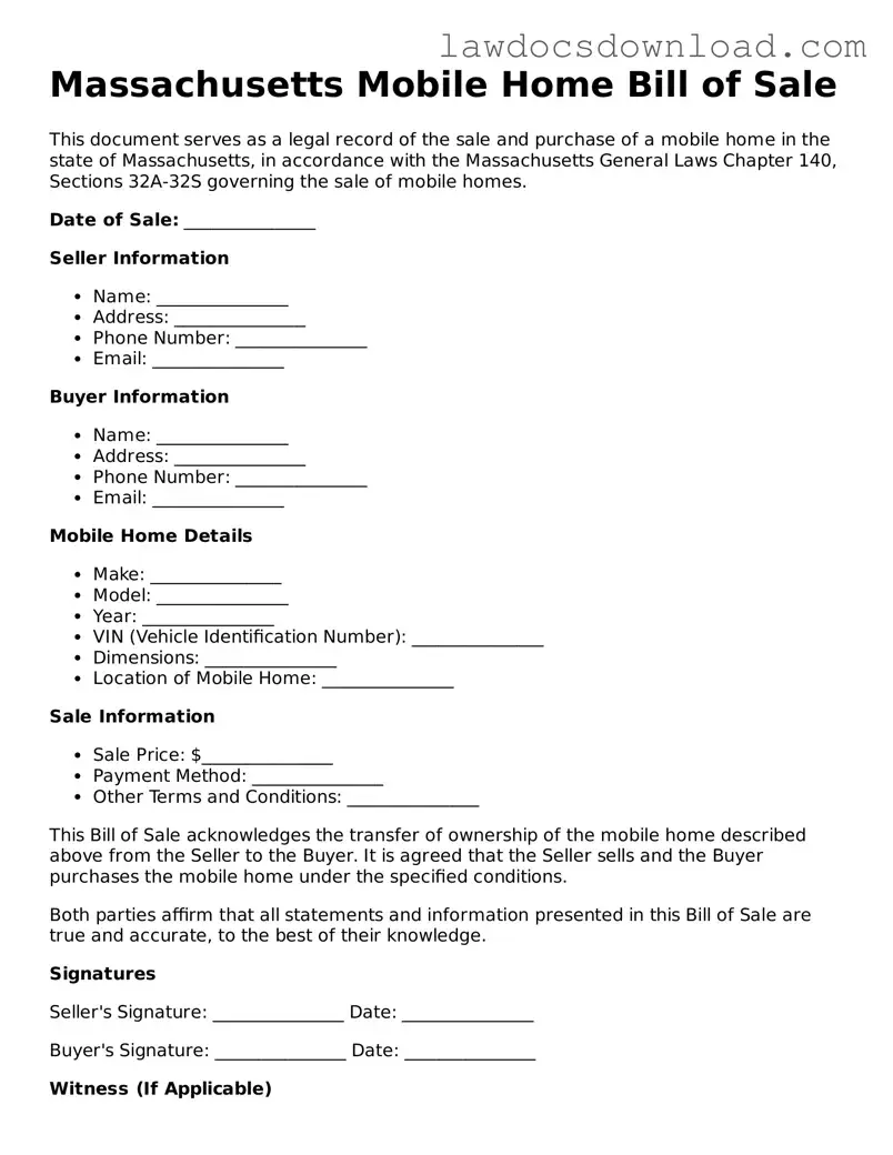 Legal Massachusetts Mobile Home Bill of Sale Form