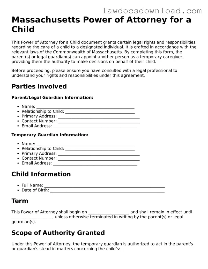Legal Massachusetts Power of Attorney for a Child Form